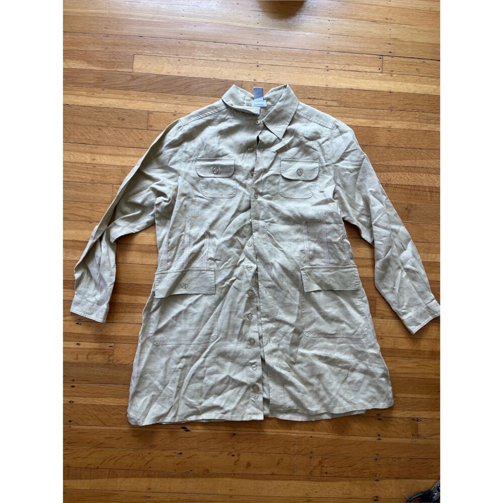 JG Hook 100% Linen safari jacket tunic tan khaki perfect summer layer! 16W